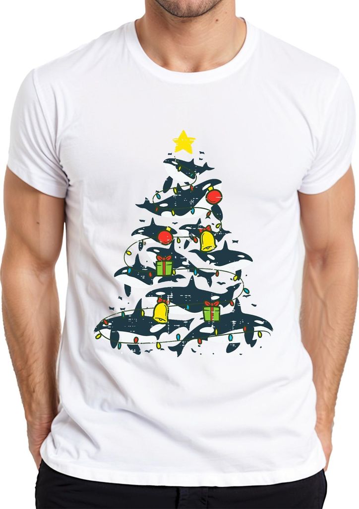 Orca Weihnachtsbaum Killerwal Lichterkette Geschenke Glocken Herren T-Shirt, Weiß, M