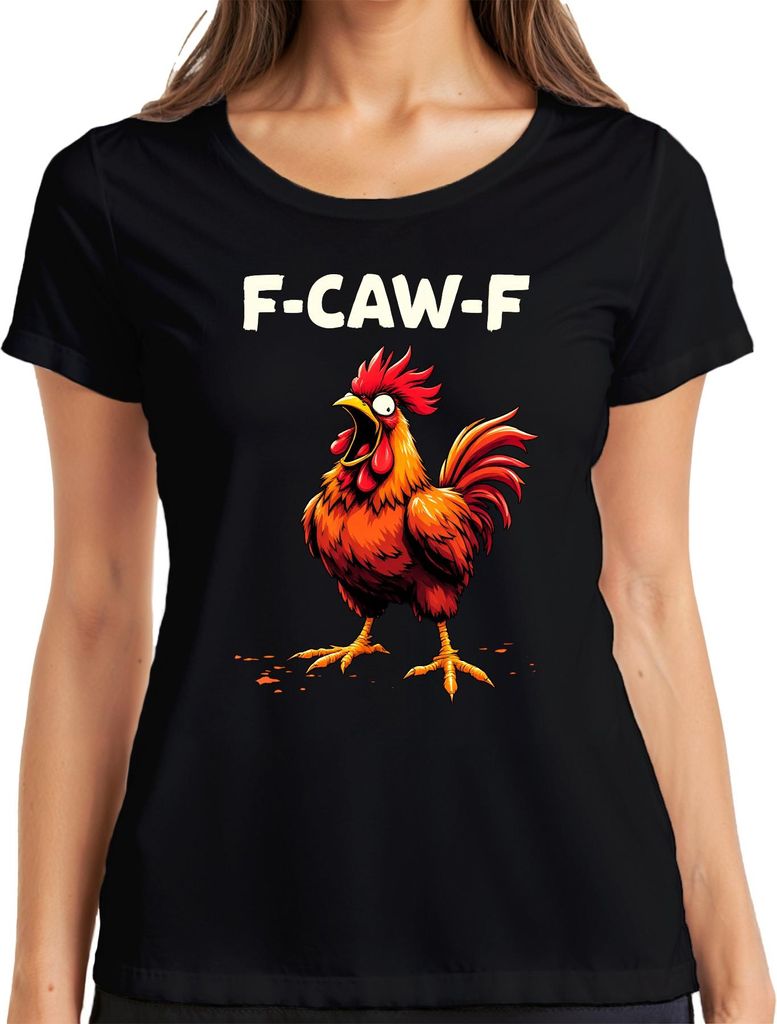 F-CAW-F Schrei Hahn lustig Humor Meme Gockel Cartoon Geschenk Damen T-Shirt, Schwarz, XL