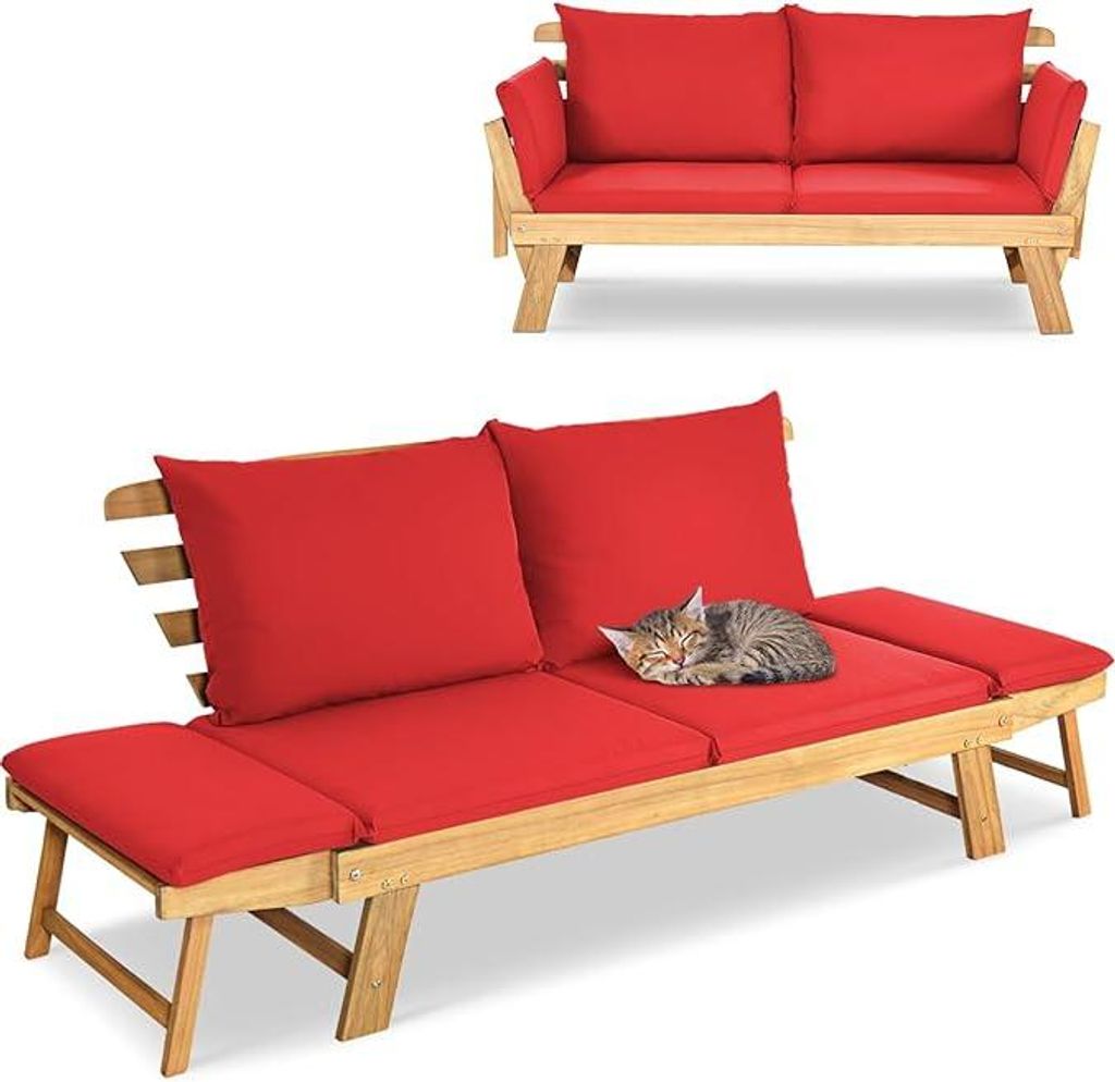 Liegesofa mit klappbaren Seitenlehnen, Gartenbank Sitzbank mit Auflagen, Sonnenliege Gartenliege aus Akazienholz, Multifunktionsbank , Rot