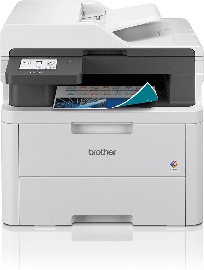 A white Brother DCP-L3560CDW printer is shown from the front.