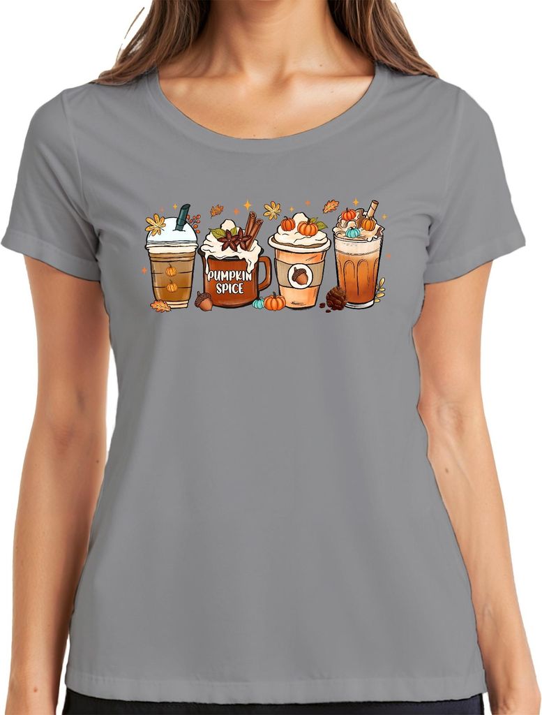 Pumpkin Spice Kürbis Latte Herbst Kaffee Kürbisgewürz Zimtstangen Damen T-Shirt, Grau, S
