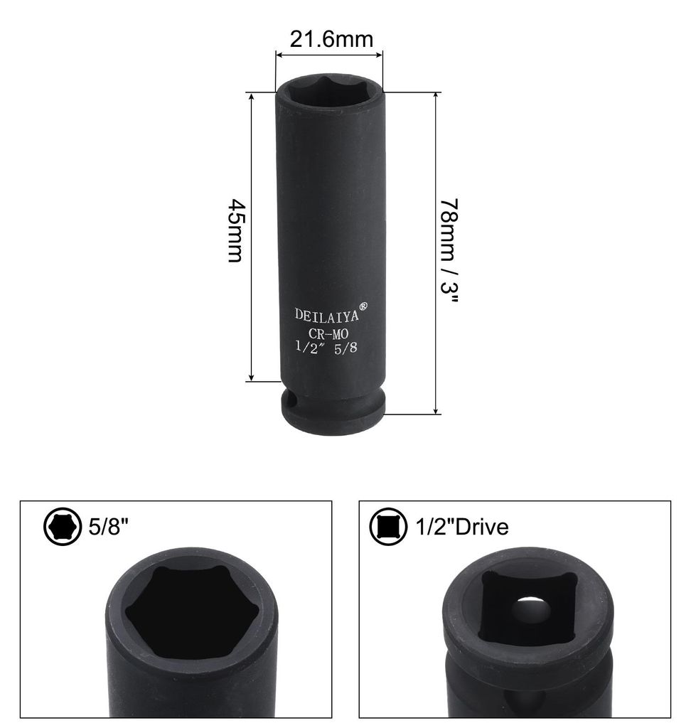 5/8 Zoll SAE Tiefe Schlagbuchse 1/2 Zoll Antrieb 6-Punkt-Design CR-MO Stahlmutter Schlagfestes Steckschlš¹ssel fš¹r die Auto-Reparatur
