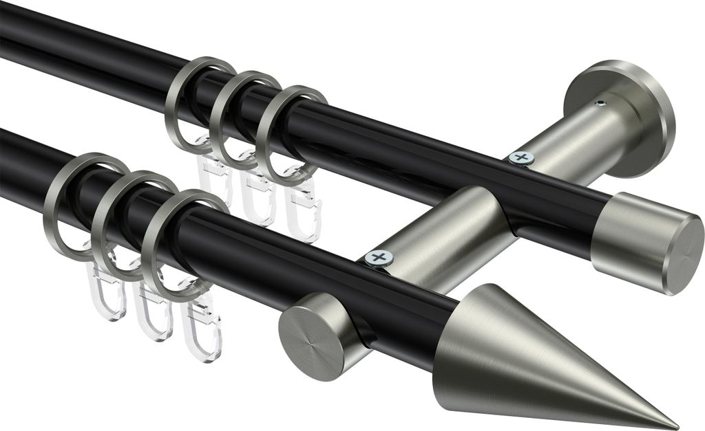 Interdeco Gardinenstange / Vorhangstange Schwarz / Edelstahl-Optik, Typ Platon Savio (Kegel), 20 mm Ø 2-läufig, 320 cm