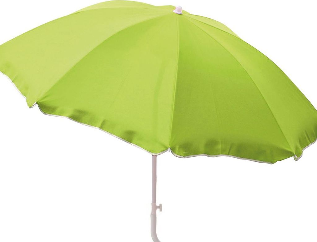 A bright green beach umbrella is shown against a white background.