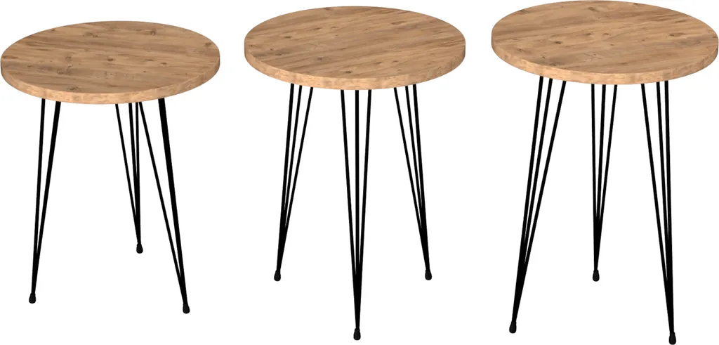 Set de 3 tables gigognes rondes Ry en bois et métal noir de style industriel