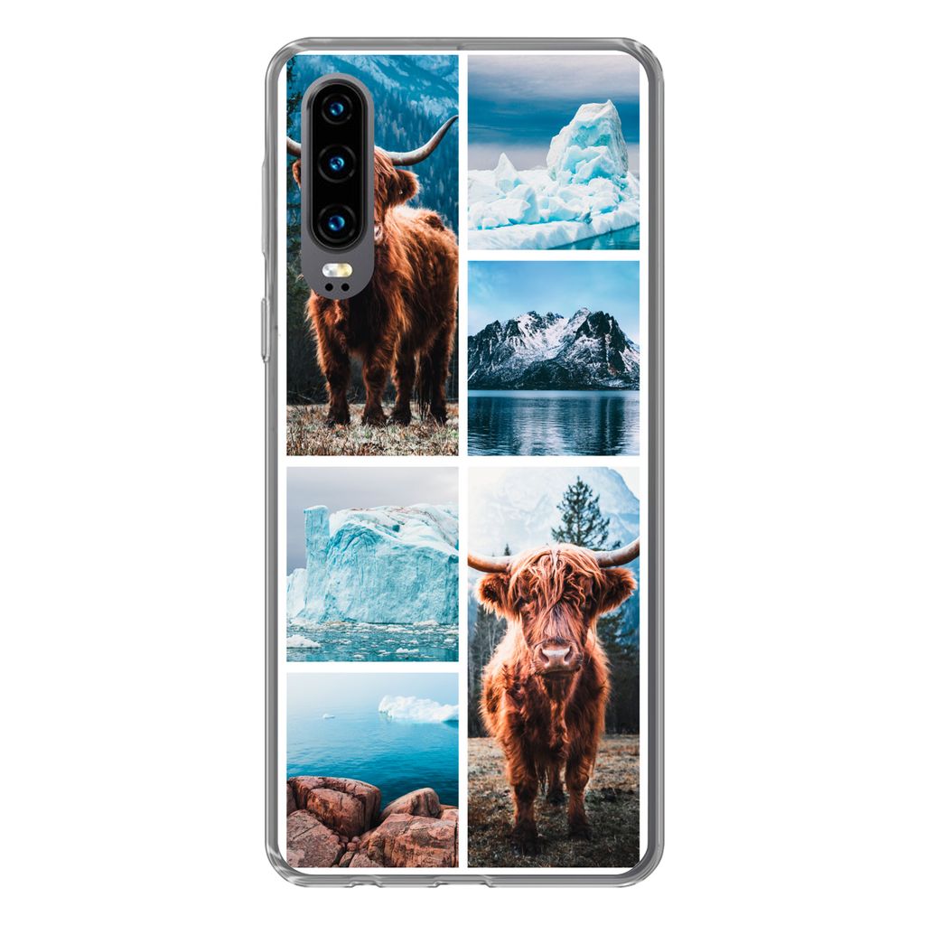 MuchoWow Handyhülle Schutzhülle Hülle für Huawei P30 Schottischer Highlander - Eiscreme - Collage Silikon Softcase Handy Hülle - Kartenbesitzer