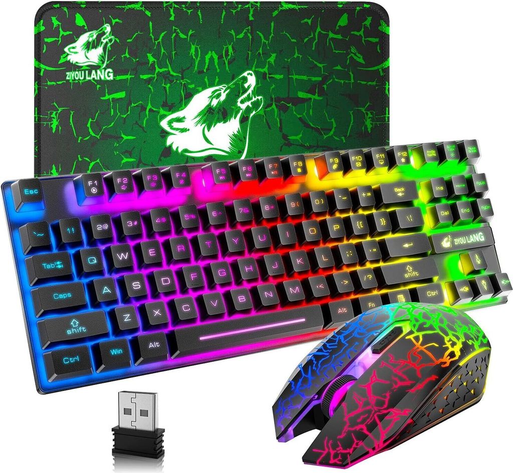 Gaming-Tastatur und Maus, 87 Tasten, Regenbogen-LED-Hintergrundbeleuchtung, wiederaufladbar, 3800 mAh Akku, mechanisches Gefühl, Anti-Ghosting