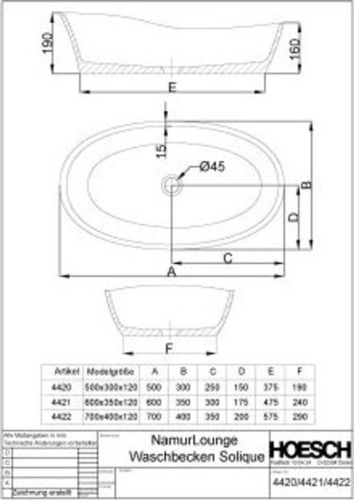 Hoesch 4422.112 Waschbecken Namur Lounge 700x400x12