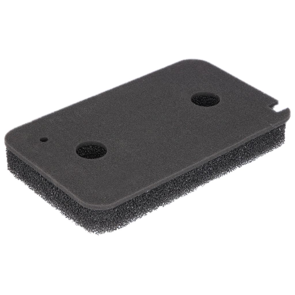 A black foam filter with two circular holes and a small circular indentation.