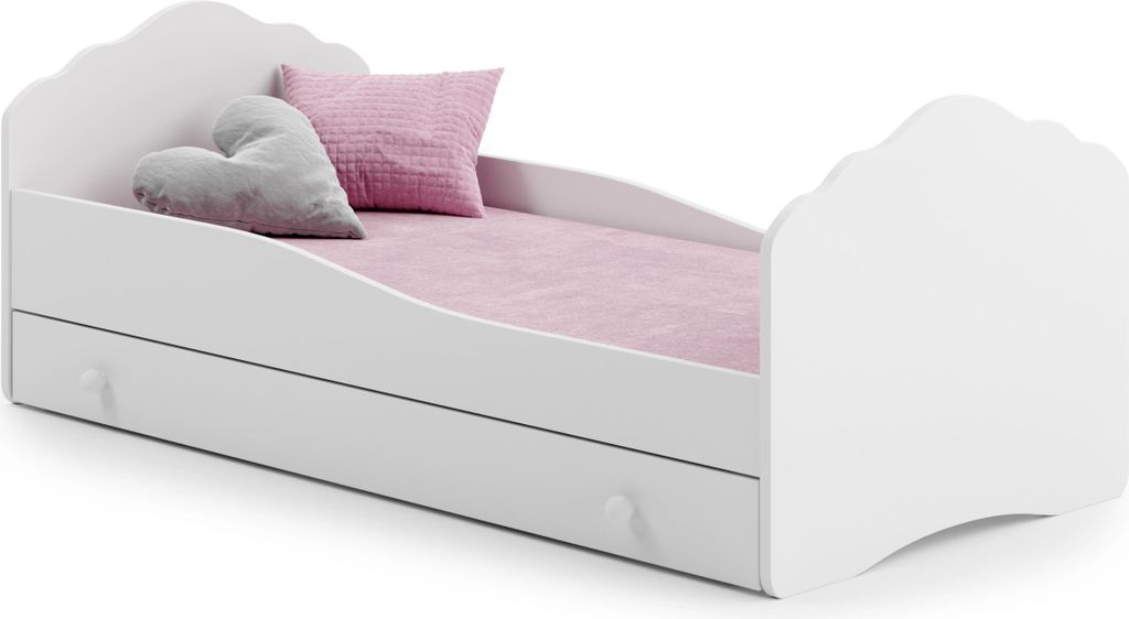 Kinderbett Fala 140x70 cm mit Schublade – Weiß, inklusive Matratze und Montageanleitung, sicher und stabil, ideal für Mädchen