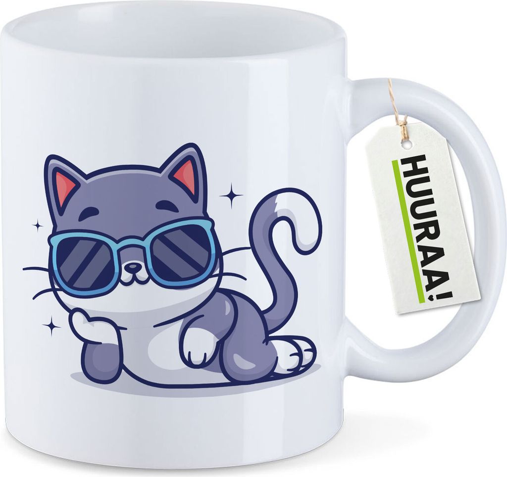 Huuraa Kaffeetasse Cool Cat Comic 330ml Weiß Keramik Kaffeebecher Geschenkidee
