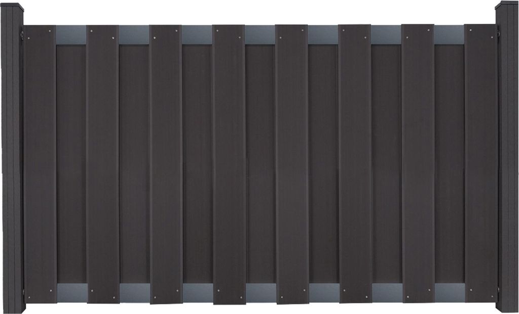A front view of a dark gray fence panel with gray accents.