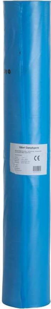 A roll of blue damp-proof membrane, likely for construction or roofing, is shown vertically. A label is attached to the product.
