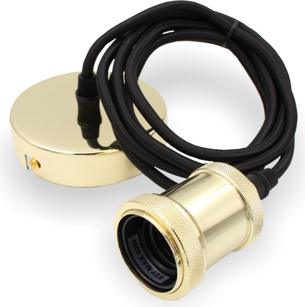 Pendelleuchte mit textilummanteltem Silikonkabel FLEX, Metall Baldachin und E27 Fassung & Schraubring | Gold | 2000mm