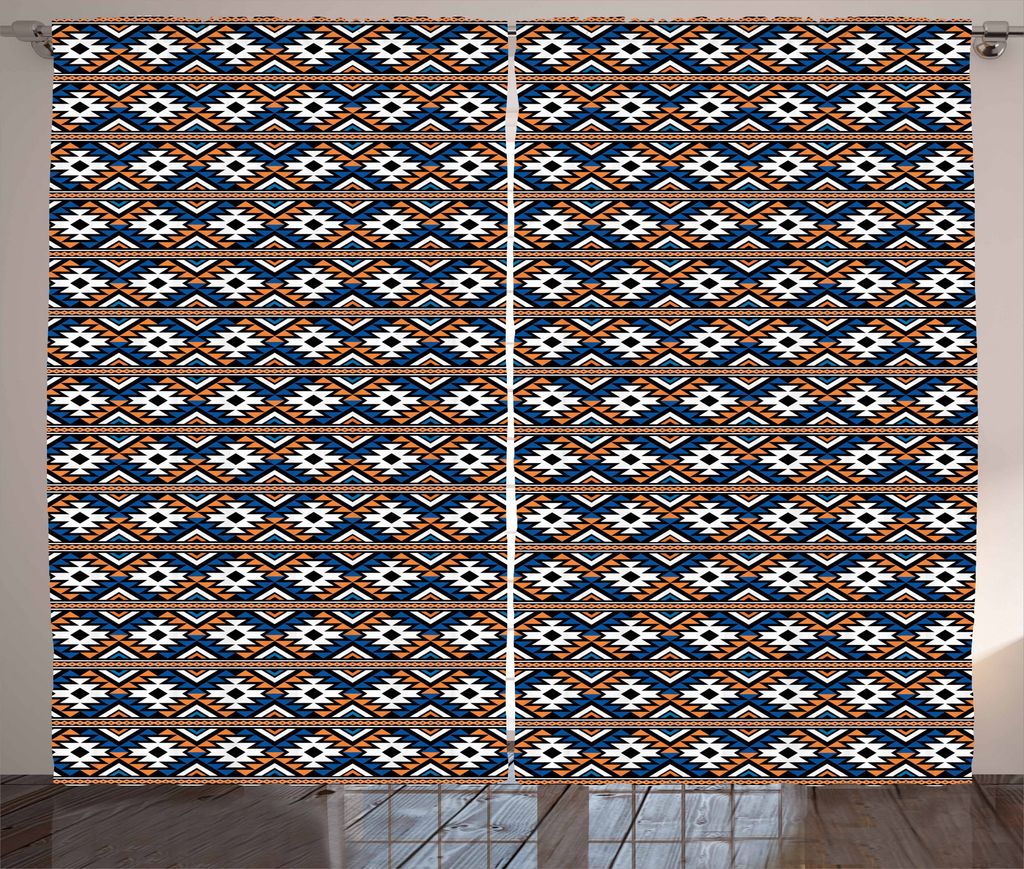ABAKUHAUS Boho Rustikaler Vorhang, geometrische Muster, Wohnzimmer Universalband Gardinen mit Schlaufen und Haken, 280 x 175 cm, Orange Blau und Weiß