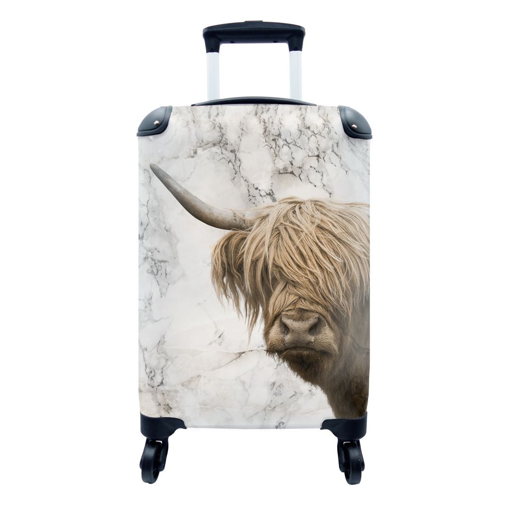 MuchoWow Koffer Handgepäck Trolley Rollkoffer Kleine Reisekoffer mit 4 Rollen - Schottischer Highlander - Kuh - Marmor - Cabin Size < 55x40x23 c...