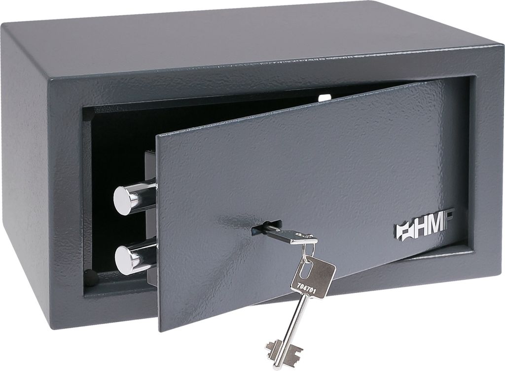 A gray safe with its door open and a key in the lock, presented on a white background.