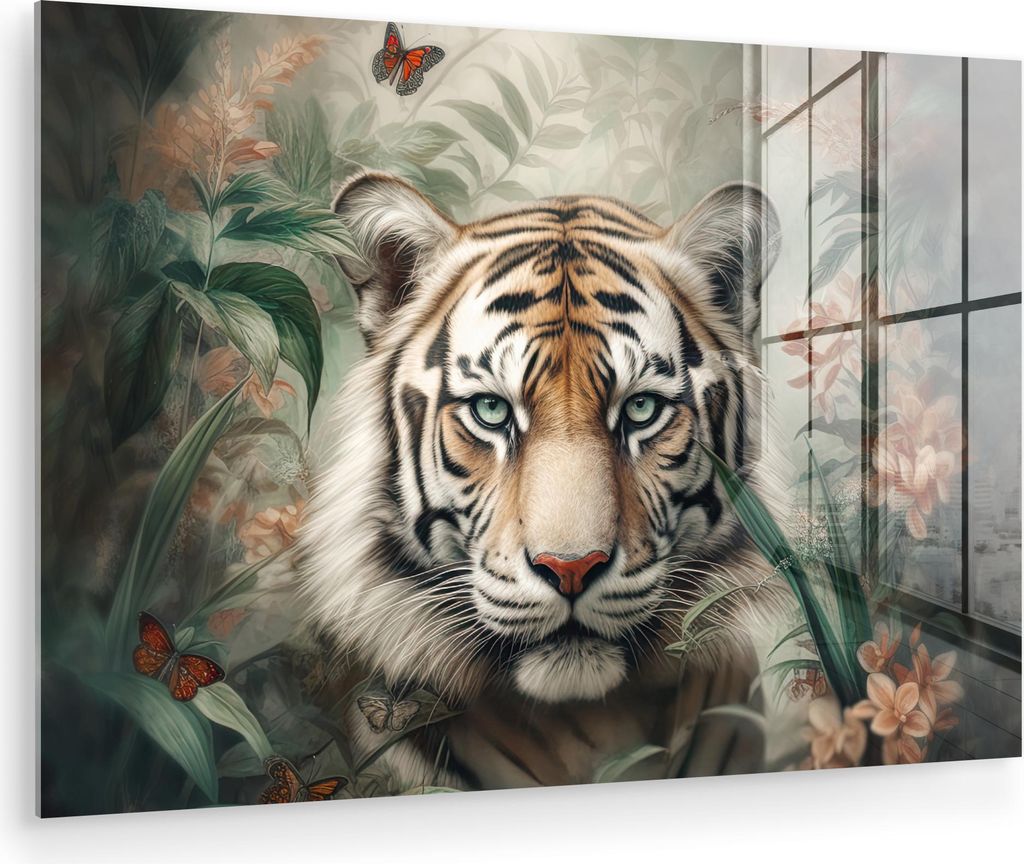 MuchoWow Glasbilder - Bilder auf Wandbild - Foto auf Glas Tiger - Schmetterlinge - Tiere - Dschungel - Blumen 30x20 cm Wanddekoration aus Glas - Ac...