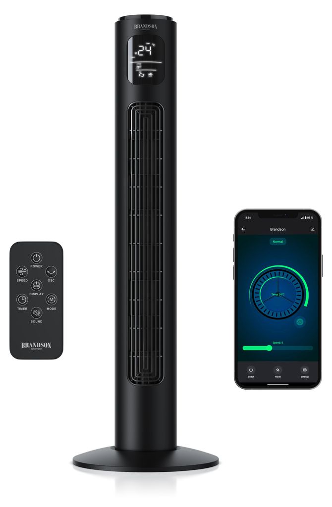 A black tower fan, its remote control, and a smartphone displaying the fan's app are arranged on a white background.