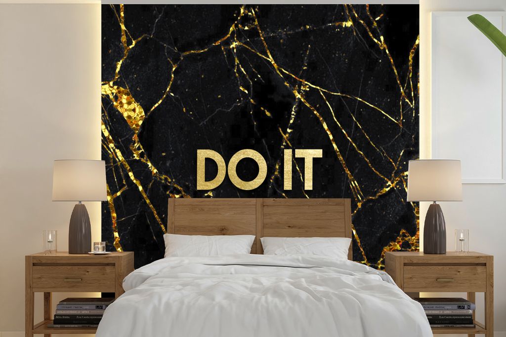 MuchoWow Fototapete für Wohnzimmer oder Schlafzimmer Wandtapete Vinyl Motivtapete Zitate - Motivation - Gold - Marmor - 350x350 cm - Schlafzimme...