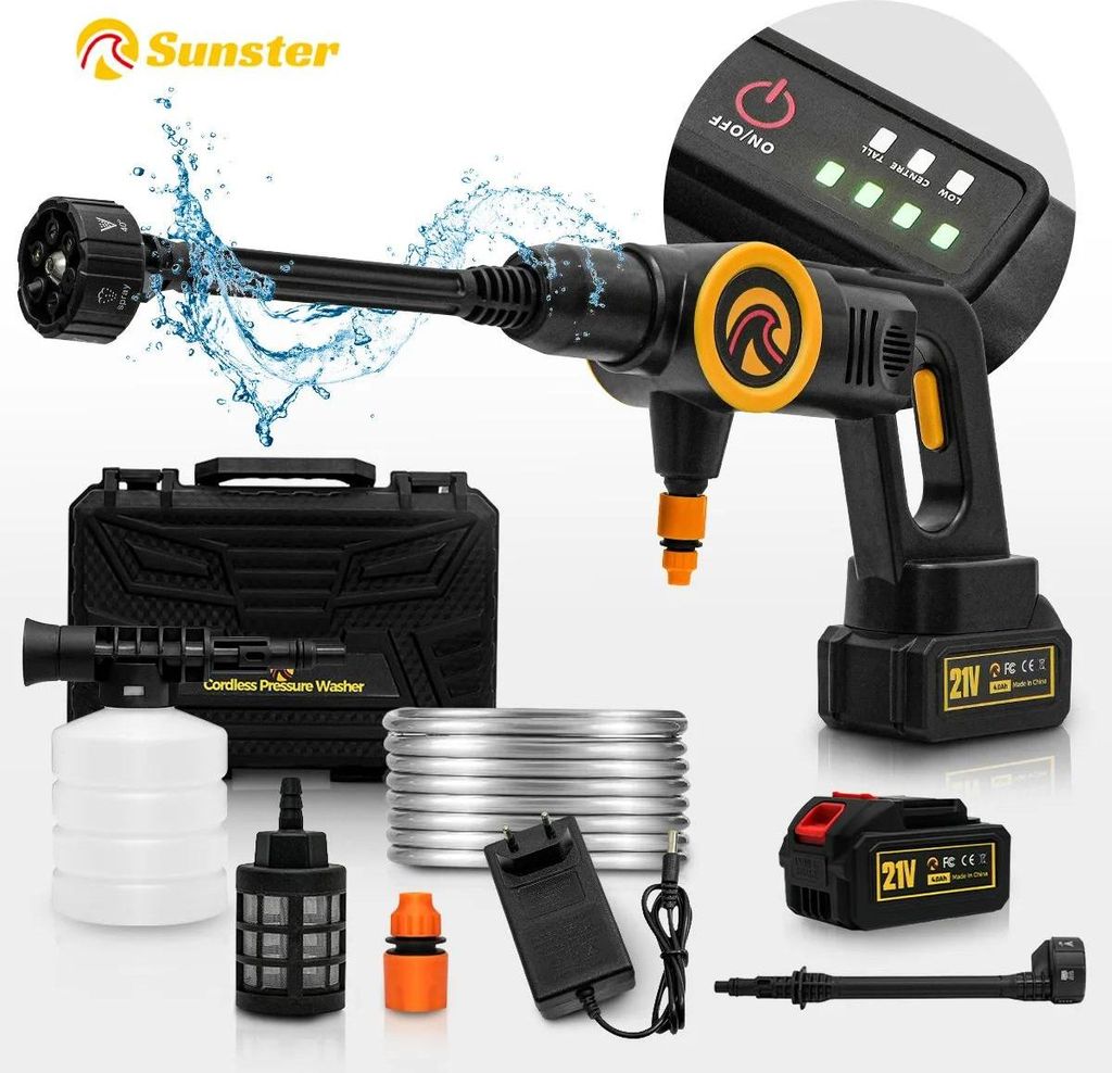 Hochdruckreiniger - Kabellose Waschpistole - Bürstenlos 3000 W - Drei Stufen - 21 V System, 1 Akku - Schlauch <5 m - Gold