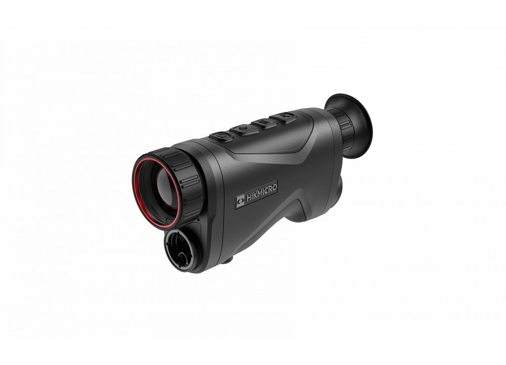 A black thermal imaging camera with red accents is shown against a white background.
