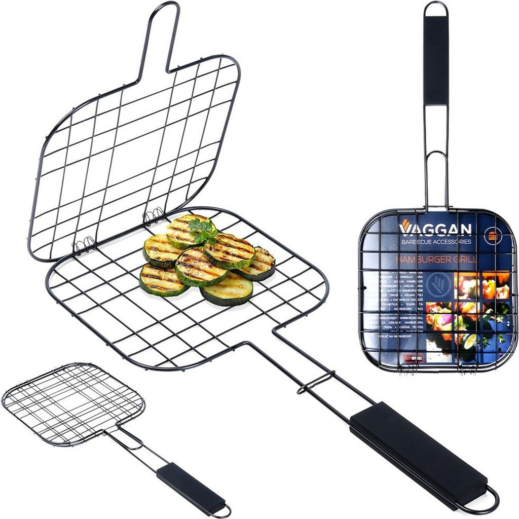 Vaggan Grillrost Grillkorb Grillgitter zum Grillen von Burgern aus Metall schwarz antihaftbeschichtet 49x21,1 cm