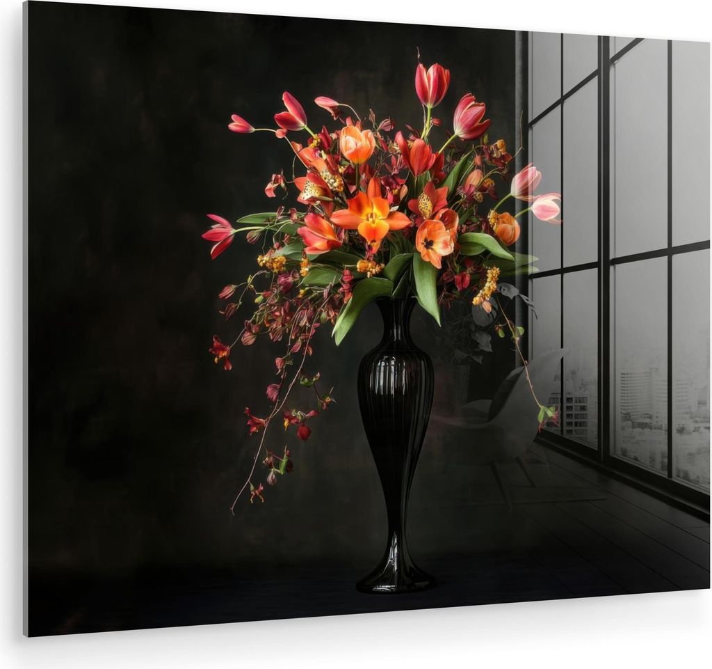 MuchoWow Glasbilder - Bilder auf Wandbild - Foto auf Glas Ornamental - Blumenstrauß - Vase 80x60 cm Wanddekoration aus Glas - Acrylglasbild - Acry...