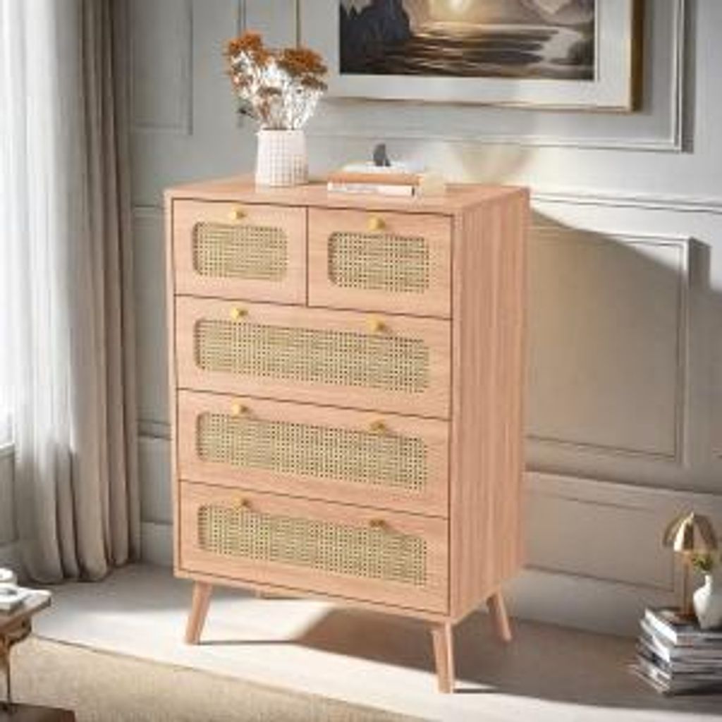 UnboxG Kommode Sideboard mit 5 Schubladen Arbeitsplatte Ablage Schrankf Aufbewahrungsschrank im Boho-Stil Schubladenschrank für Wohnzimmer Schlafz...