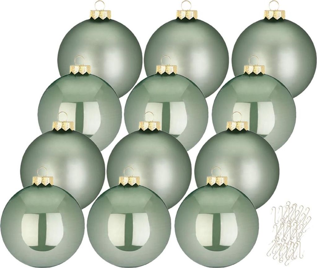 A collection of twelve sage green Christmas ornaments arranged in a grid pattern, with a small pile of ornament hooks in the bottom right corner.