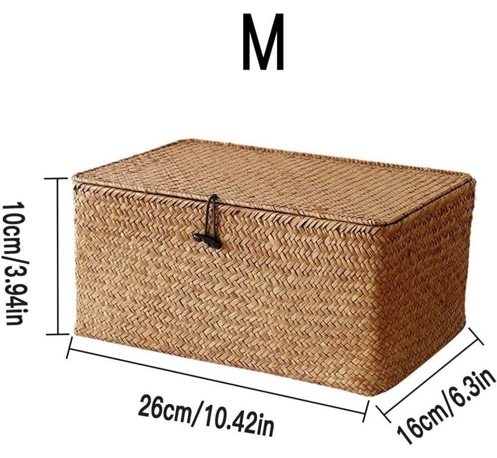 Geflochtene Aufbewahrungsbox mit Deckel – Set aus zwei Teilen – Rechteckiger Seegraskorb und Aufbewahrungskorb mit Deckel – Aufbewahrungsrega...