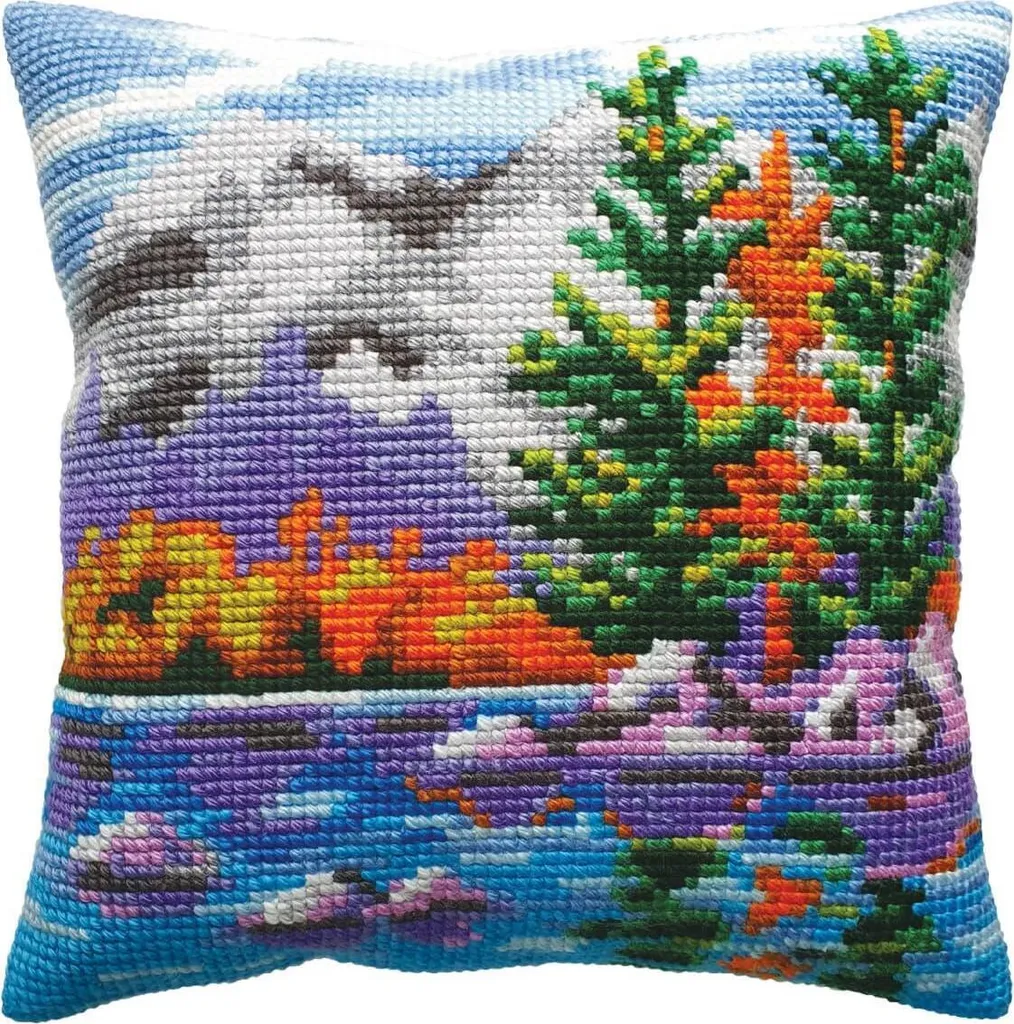 Coussin à broder au point de croix paysage d'automne CDA 40x40 cm décor