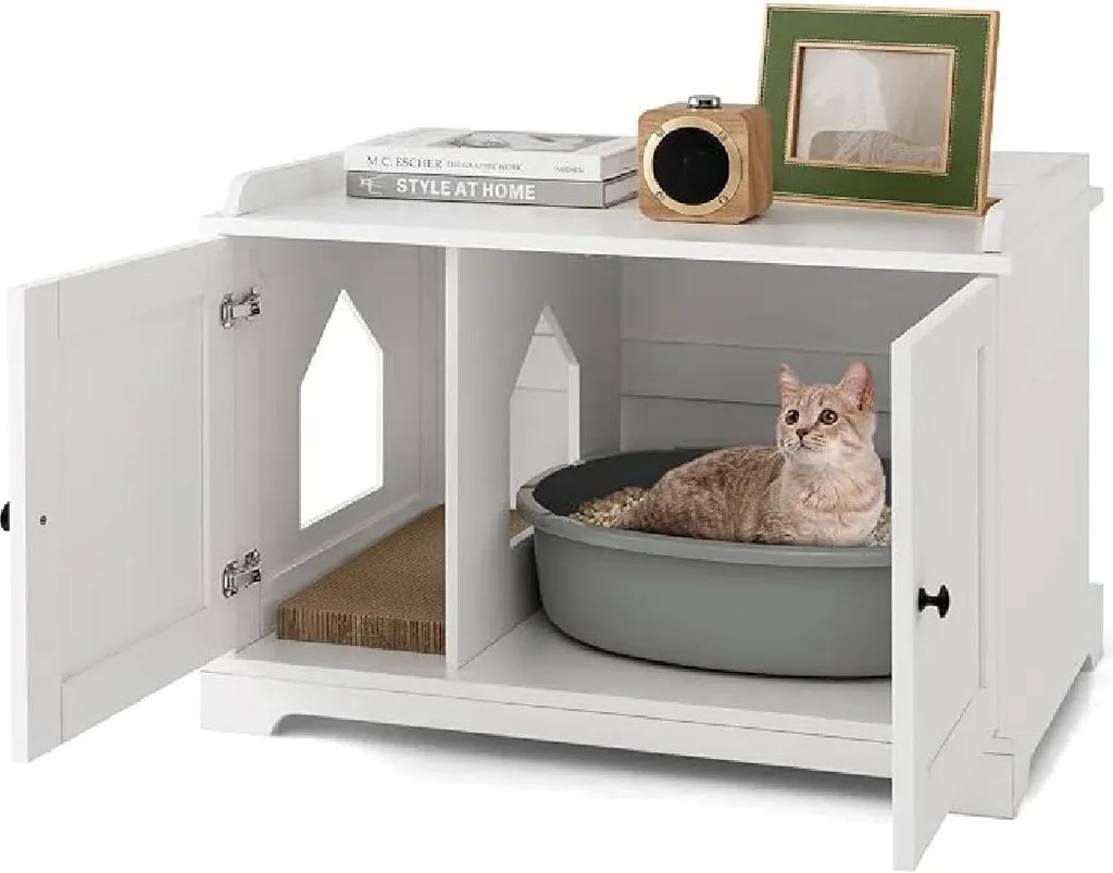 Meuble litière chat avec cloison réglable et griffoir - Finition Blanc