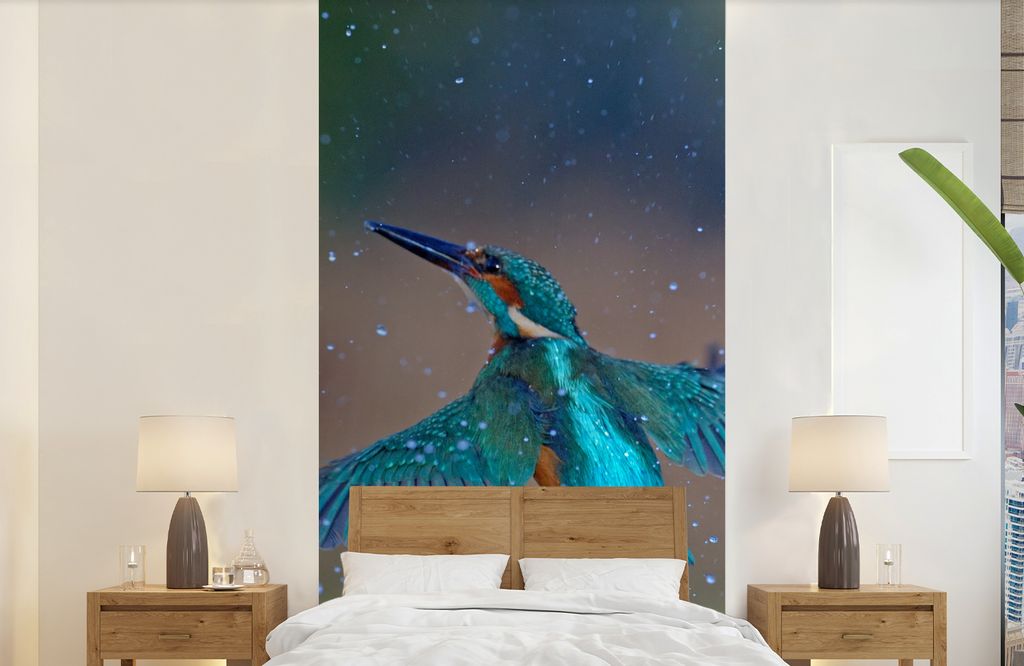 MuchoWow Fototapete für Wohnzimmer oder Schlafzimmer Wandtapete Vinyl Motivtapete Eisvogel - Fliegen - Blau - 120x240 cm - Hintergrundbild