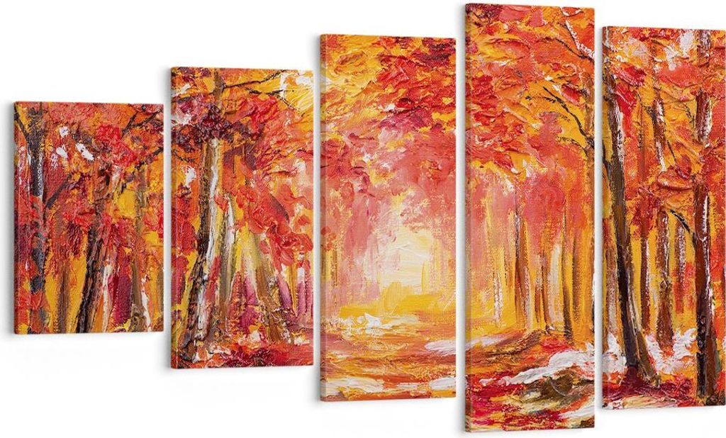Bild auf Leinwand - Leinwandbild - 5 Teile - Herbst Wald Rot - 100x60cm - Wand Bild - Wanddeko - Wandbilder - Leinwanddruck - Bilder - Wanddekorati...