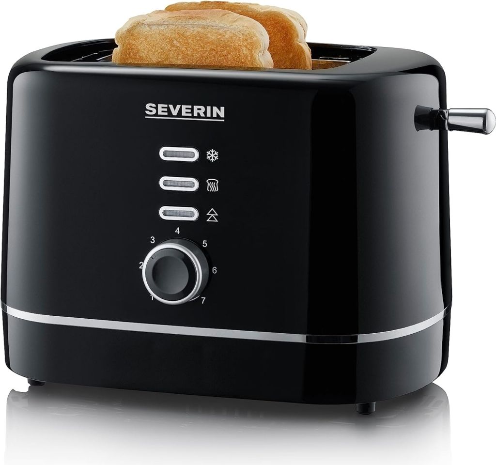 A black Severin toaster with two slices of toast on a white background.