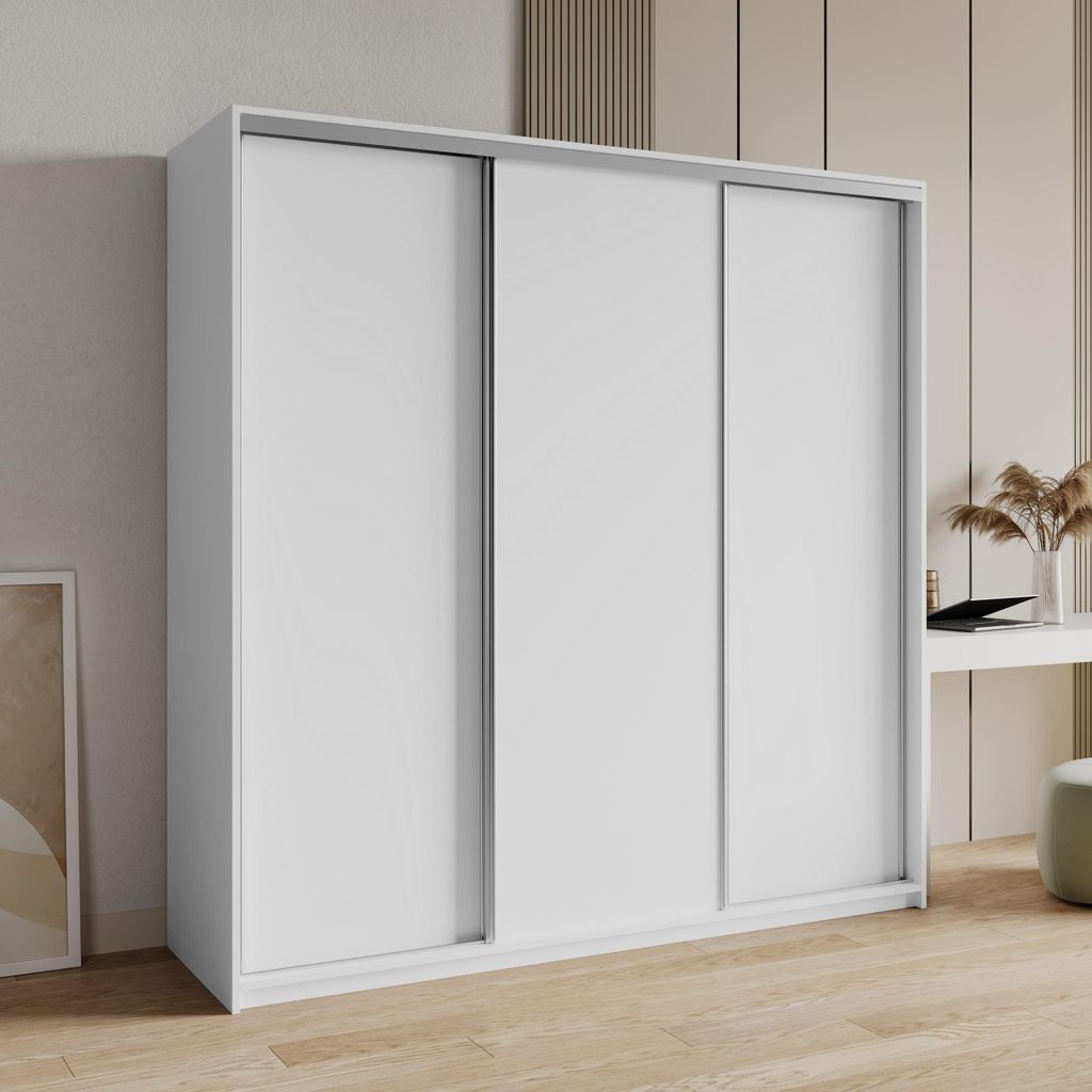 Masseno Schiebetürenschrank NISSE 180/205/60 cm Kleiderschrank mit 4 Schubladen Schlafzimmer Schrank 3-türig Weiß