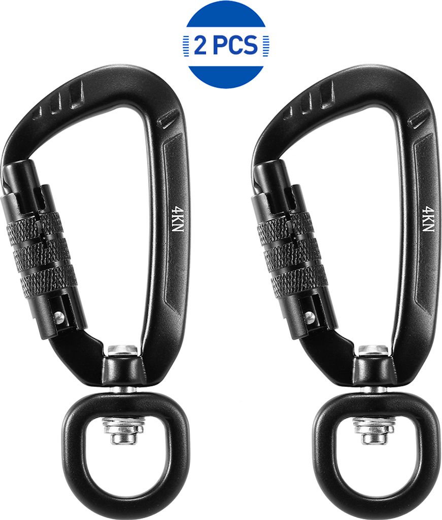 2er Set kippbare Karabinerhaken mit C-Ring, schwarz, 360° drehbar, auto-lock, 4KN, ideal für Outdoor-Aktivitäten und Freizeit