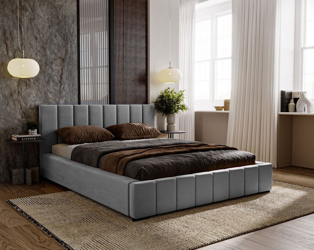 Polsterbett Nero inkl. Schaummatratze SELEKT, 120x200 cm, Doppelbett mit Bettkasten und Lattenrost aus Holz, Velourstoff: Grau