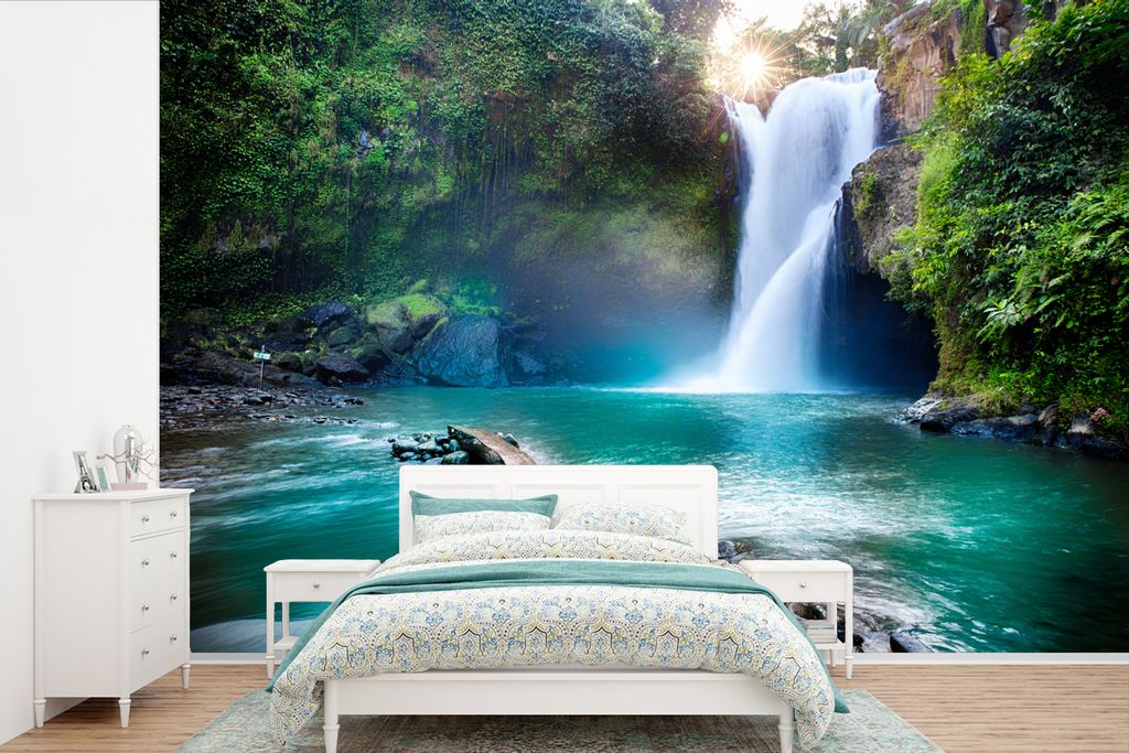 MuchoWow Fototapete für Wohnzimmer oder Schlafzimmer Wandtapete Vinyl Motivtapete Wasserfall - Steine - Landschaft - Pflanzen - Wasser - 420x280...