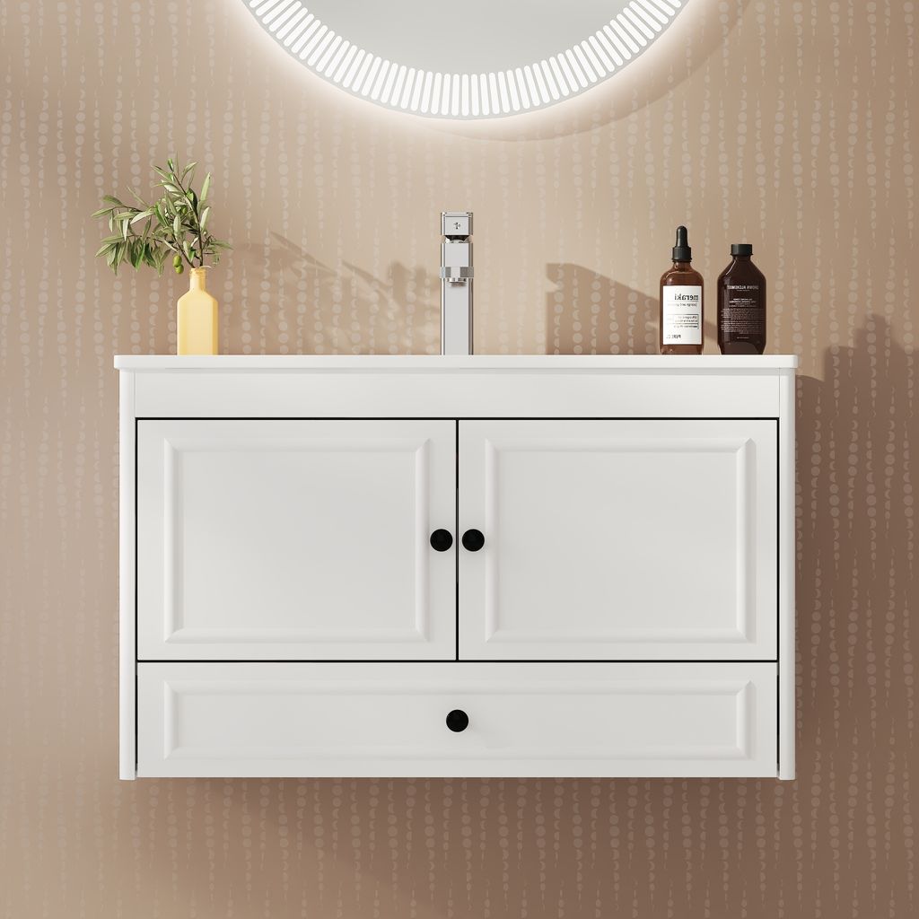 Waschtisch mit Waschbecken und Einhand Wasserhahn, Wandmontierter Badschrank mit 2 Türen und 1 Schublade, MDF, Weiß, 76 x 46,5 x 47,5 cm