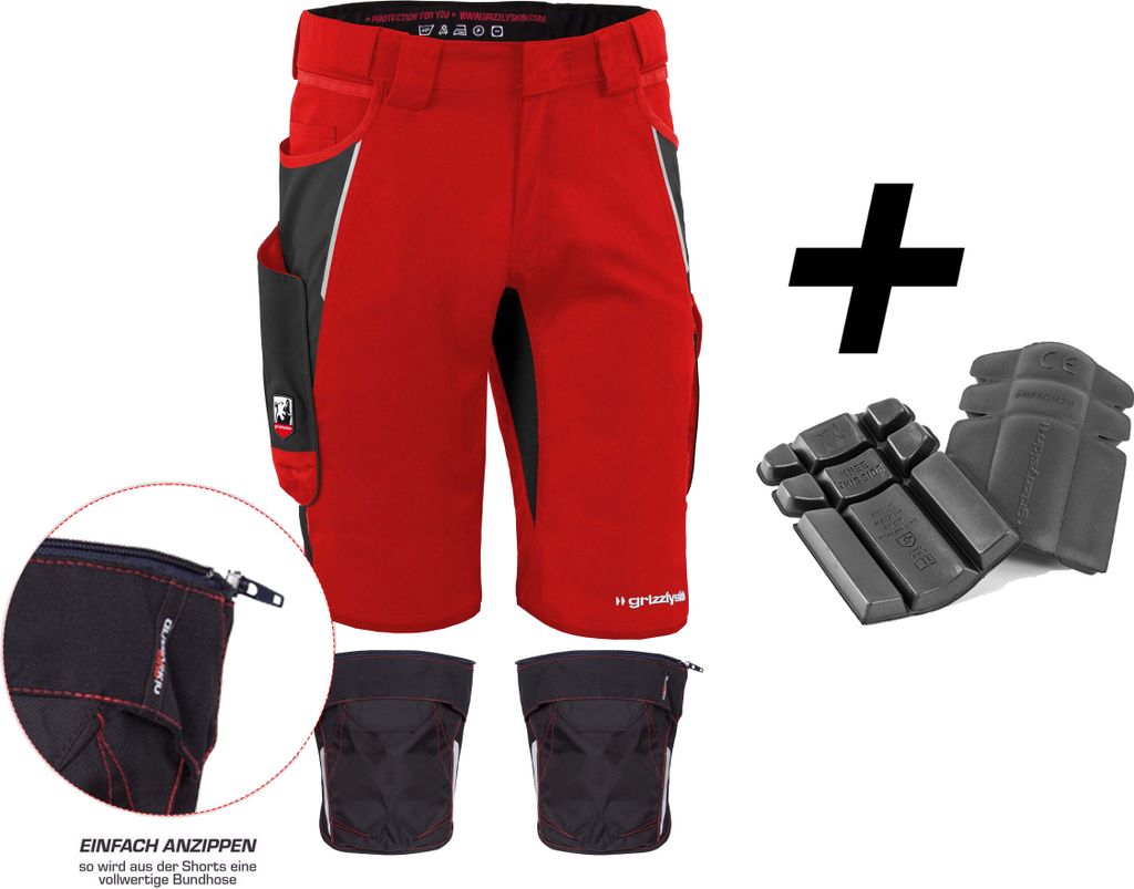 Qualitex kurze Arbeitshose - HANDWERKER-BUNDLE IRON Shorts + Kniepolstertasche inklusiv Kniepolster - in Farbe: rot/schwarz - Herren: 58 - Damen: 52