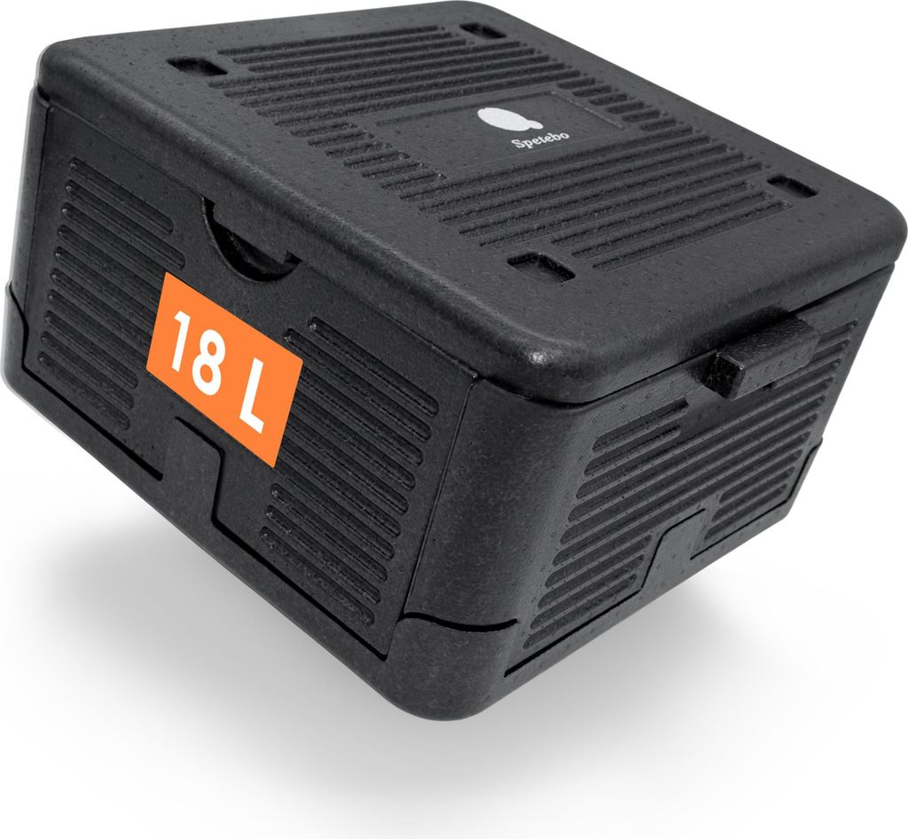 A black foldable cooler box with an orange label indicating its capacity.