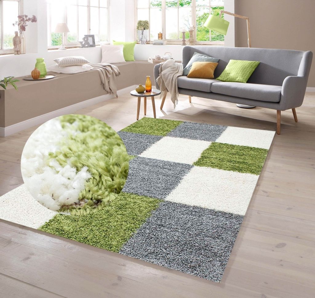 Shaggy Teppich in Karo Design Grün Grau Creme Größe - 120 x 170 cm