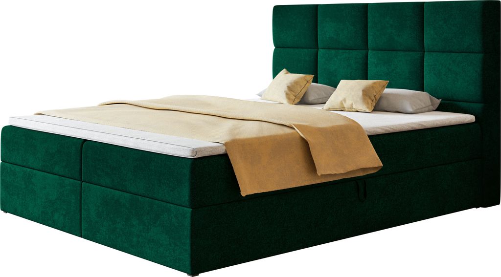 Boxspringbett ROMA mit 2 Bettkästen, Polsterbett Maße: 140x200, Farbe: Dunkelgrün, Velourstoff, Doppelbett mit Bonell-Matratze