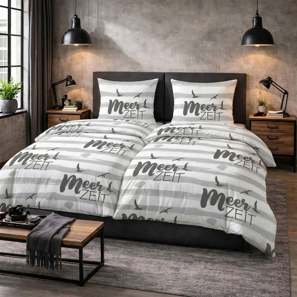 Renforce Bettwäsche 135 x 200 cm 4tlg. aus 100% Baumwolle RV in Grau Weiß gestreift