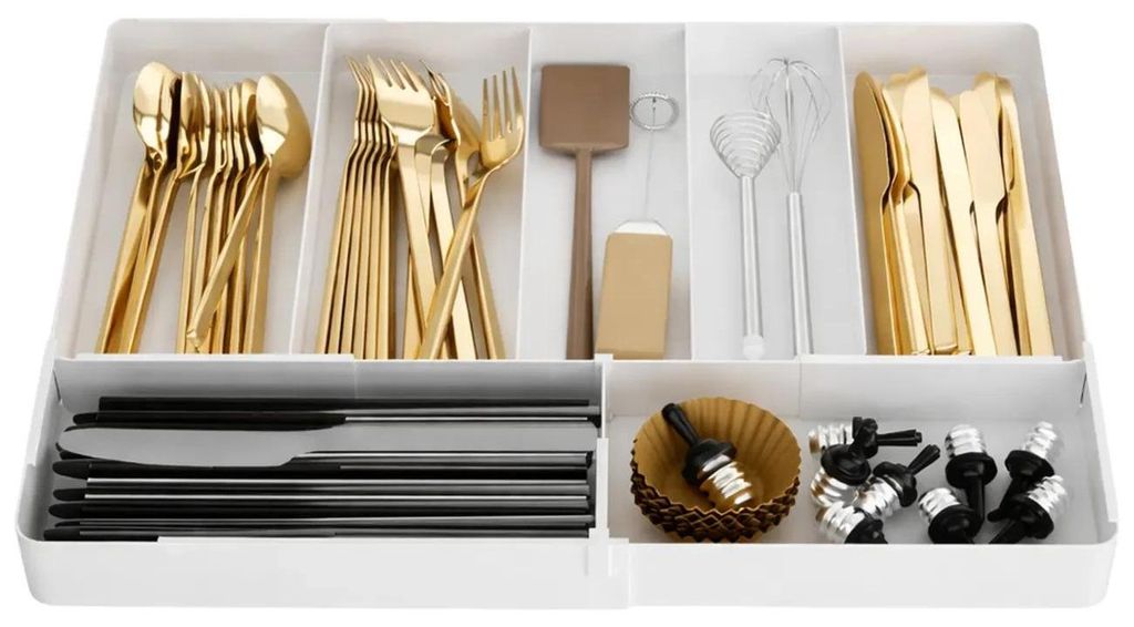 Weißer Besteckschubladen-Organizer, ausziehbarer Einsatz, 3 bis 7 Fächer