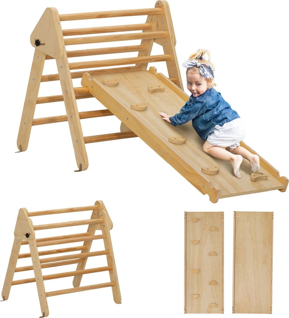 Klettergerüst Set - Kletterdreieck aus Holz - Mit Rutsche - 2 in 1 - Für Innenbereich - Ab 14 Jahren