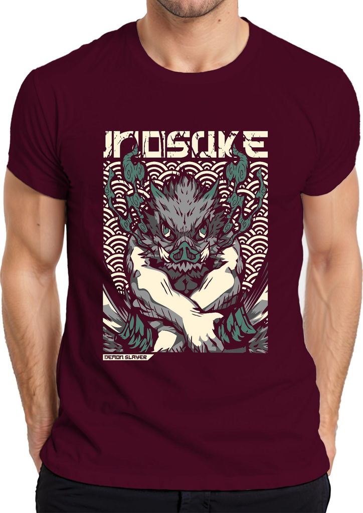 Inosuke Demon Slayer Wildschwein Maske Anime Geschenk Japan Y2K Streetwear Herren T-Shirt, Burgundy, XXL