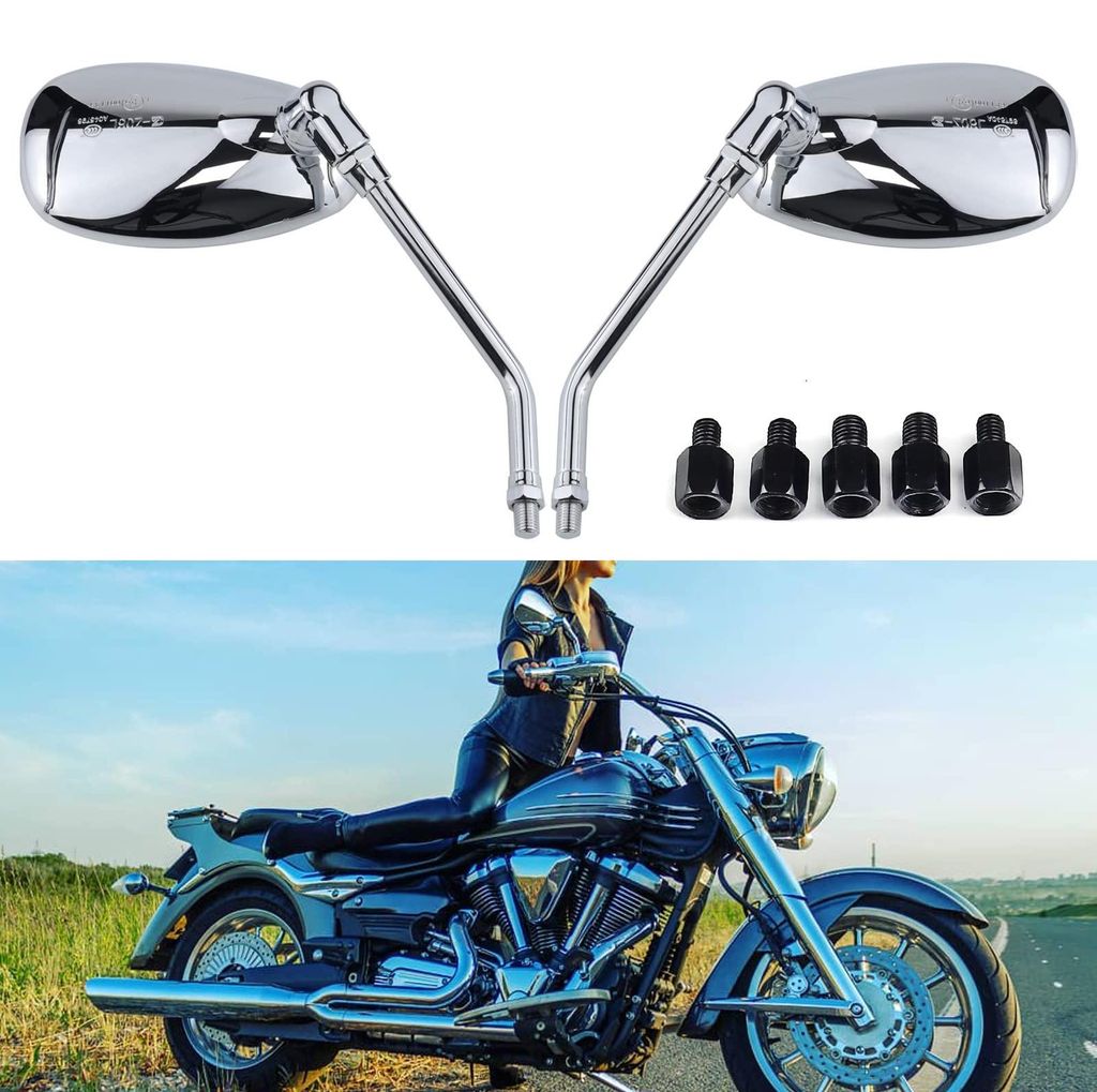 Verchromter Motorradlenkerspiegel, Rückspiegel M10 M8 mit Schraubensatz für Roller, Straßenmotorräder, Cruiser, Chopper, Sportmotorräder, ATV